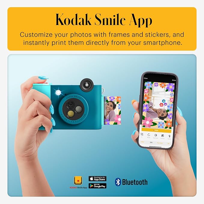 Kodak Smile+ 2-in-1 Digital Instant Print Camera & Wireless Bluetooth Photo Printer - 10MP, Special-Effect Rotating Lens, Zink 2x3” Sticky-Back Photos, Print via Fun App from Smart Devices - Blue
