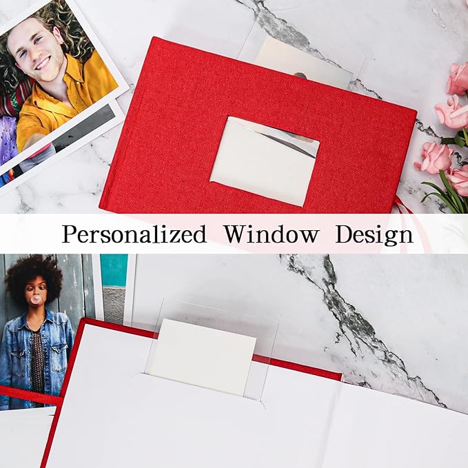 Vienrose Photo Album 4x6 50 Pockets Linen Frame Cover with Memo Areas Photobook Mini Slip-in Picture Book for Wedding Baby Vacation, Red