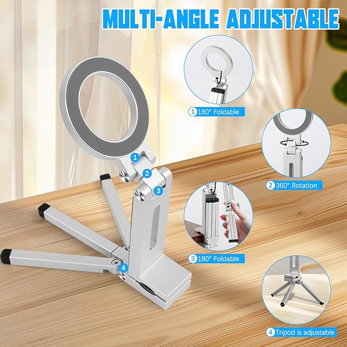Magnetic Phone Tripod Stand,Tripods Mount Foldable,Magnetic Tripod Selfie Stick,Upgrade Mini Cell Phone Tripods Mount Handle Smartphone Desk Stand for Video Recording Travel,PhoneStand (Silver)
