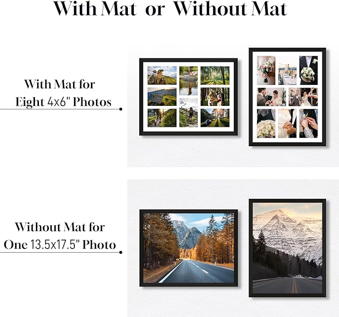 4x6 Photo Collage Frame 8 Openings Wooden, 13.5x17.5 Multi Picture Frame Collage Wall Decor, Black Frame with White Mat, Solid Pine Wood
