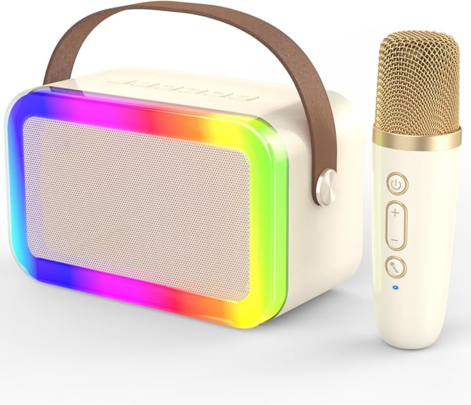 Mini Karaoke Machine,Funny Toys Christmas Birthday Gifts for Kids Age 4-12 Girls,Boys,Adults, Karaoke Microphone Toys for 4,5,6,7,8,9,10,11,12+ Year Old Girls Boys (Beige 1 mic -Rainbow Lights)