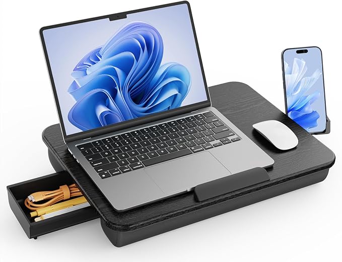 SAIJI Laptop Lap Desk, Portable Laptops Tray with Cushion, Drawer Storage, Phone Holder, 12mm Thickened Panel,Carry Handle, Computer Laptop Stand for Bed Fits Up to 15.6 Inch Laptops