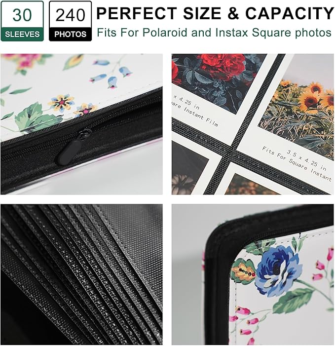 240 Pockets Portable Binder Photo Album Book For i-Type Square Polaroid Photos and Instax Wide Film Pictures (Abstract Rose)