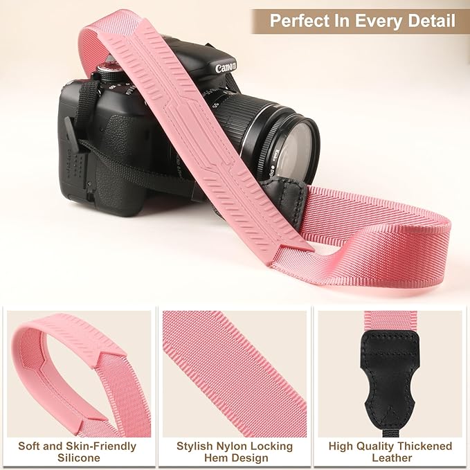 Neck Strap Silicone Camera Straps - Padded Camera Strap, 1.5" Wide Adjustable Nylon Shoulder Strap - Compatible with Canon, Nikon, Sony, and More DSLR and Mirrorless Cameras (Peach Pink)