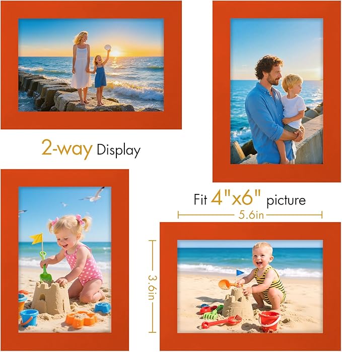 Vittanly 4x6 Picture Frame, Made of Solid Wood and Shatterproof Plexiglass, Wooden Photo Frame for Wall Mounting or Tabletop Display, Picture Frame for Home Decor with Stand, Orange, 1 Pack