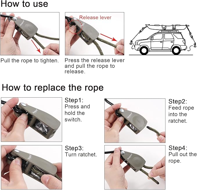 Ayaport Kayak Rope Tie Down 14ft Green Ratchet Straps Bow and Stern Ratcheting Tie Downs Rope Hanger Kayak and Canoe Accessories