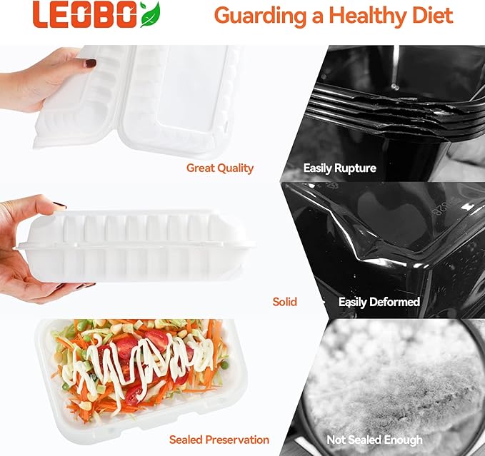 LEOBOX Plastic Containers Mineral Filled PP 9x6 - Shrink Wrap 50 Pack 27oz BPA Free Takeout Box | Freezer Microwave & Dishwasher Safe | Reusable & Disposable Container for To Go Bulk Catering | White