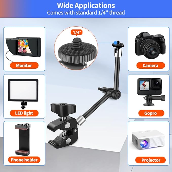 Hemmotop Magic Arm Camera Mount Clamp, 9.8 in Adjustable Articulating Friction Arm Max. Load 6.6 LBS, for iPhone Monitor, Camera Mounts & Clamps Kit MS01 Black