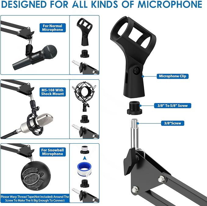 K KASONIC Microphone Stand, Adjustable Microphone Desk Stand for HyperX Mic Boom Arm Stand for Broadcasting Recording, Voice-Over Sound Studio, Stages, Streaming, Singing and TV Stations