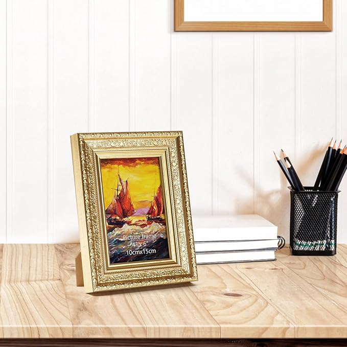 Edenseelake 4x6 Picture Frames Set of 2, Vintage Gold Photo Frame 4 by 6 for Tabletop or Wall Display