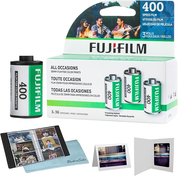 FUJIFILM 400 Color Negative Film (35mm Roll Film, 36 Exposures, 3-Pack) + BluebirdSales Photo Album, Photo Frames (10 Frames) + Microfiber Cleaning Cloth