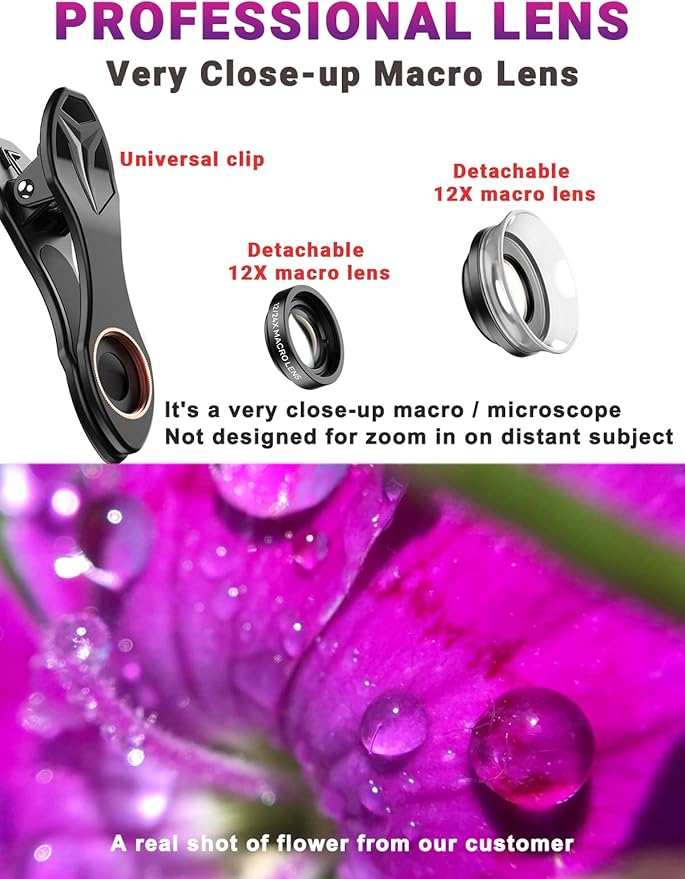 APEXEL 12X / 24X Macro Lens, Macro Lens for iPhone with Universal Clip, HD Phone Attachment for Phone Camera, iPhone Photograph Accessories Fits for All Cellphone and Pads Mini Microscope