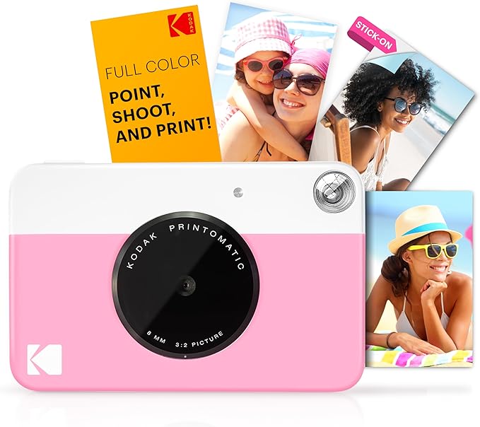 KODAK Printomatic Full-Color Instant Print Camera Starter Bundle + Carrying Case + Zink 20pk Photo Paper - Colorful Photos On 2x3" Sticky-Back Paper - Fun Gift for Birthday Christmas Holiday - Pink