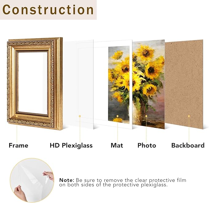 4x6 Vintage Picture Frame with 3.5x5 Mat Set of 2, Elegant Retro 4 by 6 Photo Frame with Shatter-Resistant Plexiglass for Wall or Tabletop Display, Gallery Decor & Gift, Gold, 2 Pack