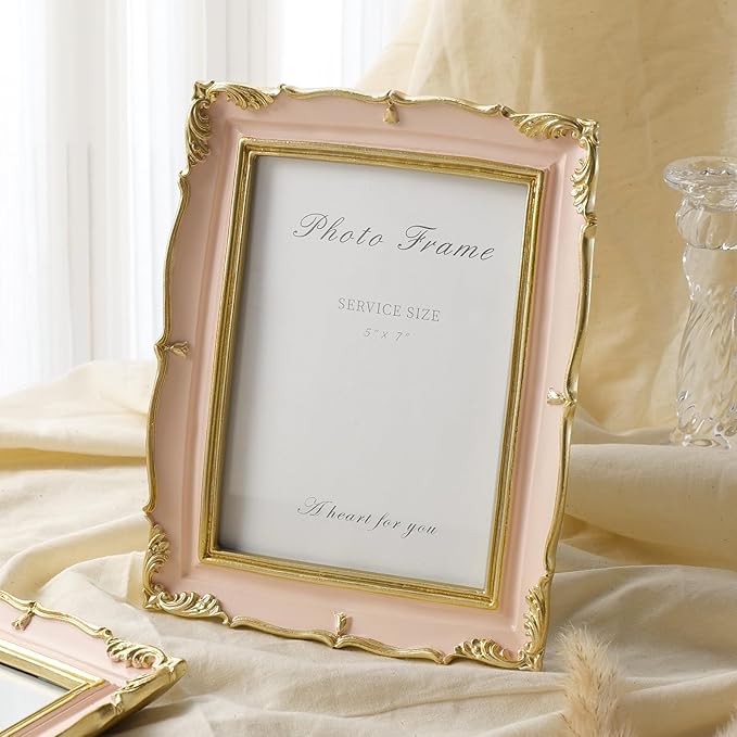 5x7 Pink Picture Frame, Vintage Pink and Gold 5 by 7 Antique Photo Frames, Ornate Textured Hand-Crafted Resin Frame with Glass Front for Tabletop Display or Wall Hanging, Retro Design Home Decor