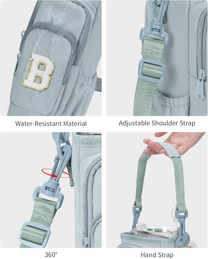 sportsnew Birthday Gifts for Women Personalized Initial Water Bottle Holder with Strap fits most 40oz Tumbler with Handle Water Bottle Carrier Bag with Phone Pocket & Straw Topper Tumbler Accessories