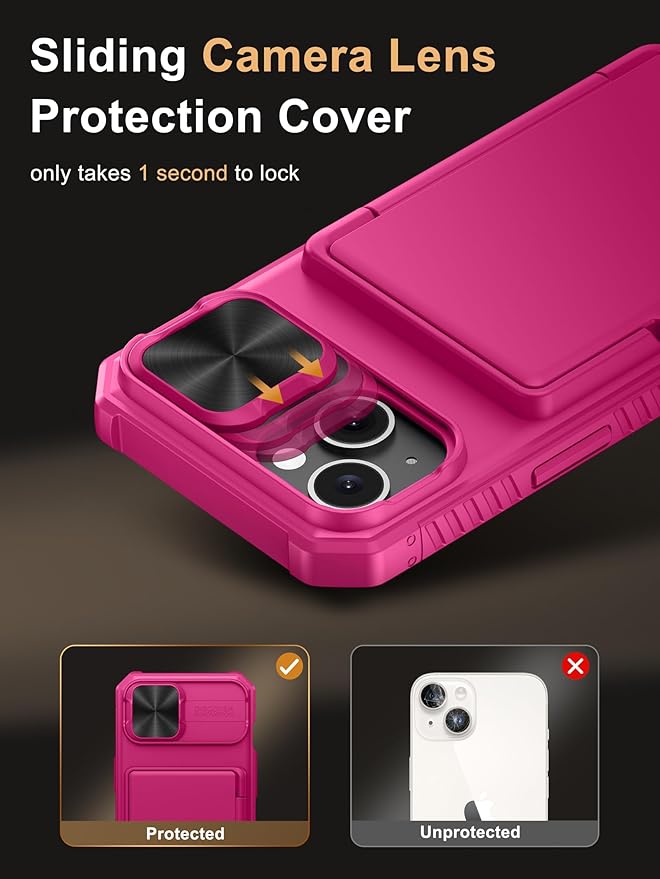 Vihibii for iPhone 15/14/13 Wallet Case with Card Holder (4 Cards), RFID Blocking & Slide Camera Cover & Raised Edges Protect Screen, Heavy Duty Shockproof Phone Case, Hot Pink