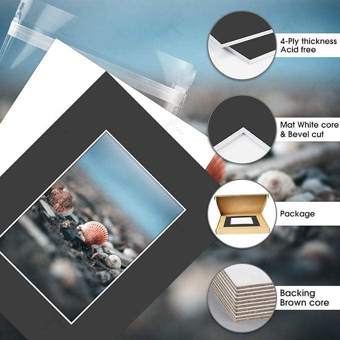 Golden State Art, Acid Free, Pack of 5, 8x10 Black Picture Mats Mattes with White Core Bevel Cut for 5x7 Picture & Backing & Bags