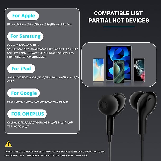 USB C Headphones for iPhone 17 Air 16 Wired Earphones for Samsung Galaxy S24/S23/S22/S25/S26 Ultra for iPhone 15 Pro Wired Earbud with Mic Stereo Noise Cancelling Type C Earbuds for Pixel 9/Oneplus 12