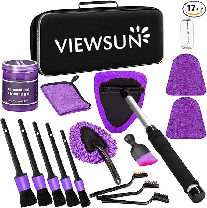 Viewsun Windshield Cleaner Tool, 17Pcs Purple Car Interior Cleaning Kit, Detailing Kit Cleaner, Detailing Brush, Cleaning Gel, Inside Cleaning Supplies Accessories for Trucks, SUVs, RVs Window