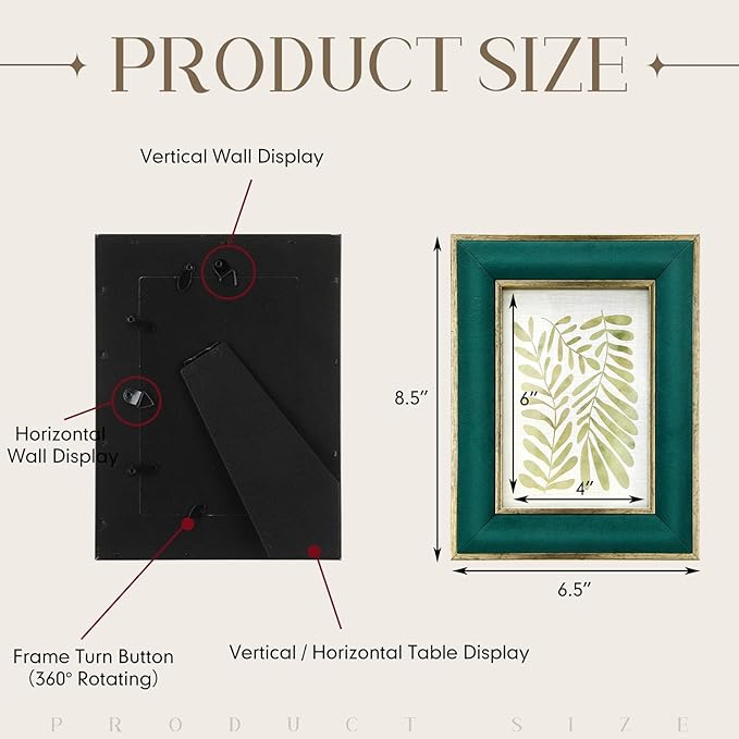 Kathfly 2 Pcs Green Velvet Picture Frame 4 x 6 Inch Vintage Photo Frame with Gold Metal Edge Horizontal & Vertical Mount for Poster Artwork Puzzles Tabletop Wall Display Christmas Home Office Decor