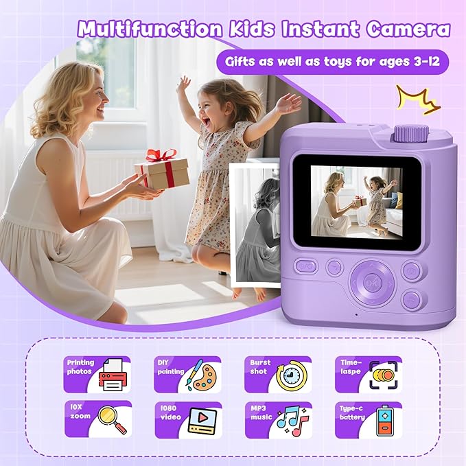 Kids Camera Gifts for Girls Boys - Christmas Birthday Xmas Gift for Girl Boy Age 3 4 5 6 7 8 9 10 11 12 Year Old - Instant Print Digital Toys Ages 3-5 6-8 8-12 Years Olds - Toddler Learning Kid Toy