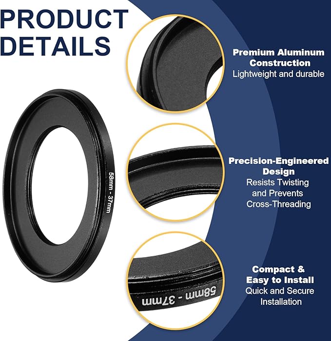 PATIKIL Step Down Ring Adapter 58mm to 37mm, 2 Pcs Filter Step-Down Rings Camera Lens Filters Metal Ring Digital for ND IR DSLR Lenses, Black