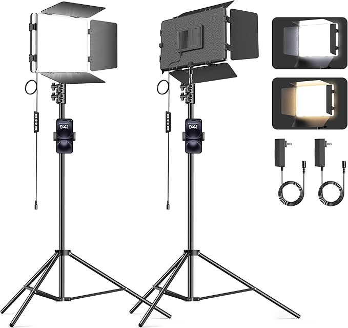 2 Pack LED Video Light Kit 79'' Tripod Light Stand, 30W 3000Lux Photography Light with Barndoor, CRI 98+ 2500K-8500K Studio Lights Panel Podcast Lighting for Video Recording/Game Live Streaming