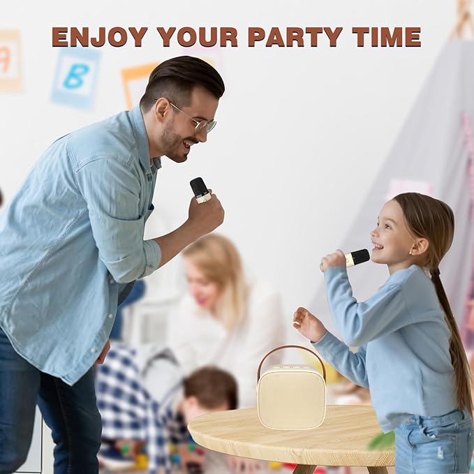 Mini Karaoke Machine for Kids, 2025 Top Christmas Birthday Gifts for 4, 5, 6, 7, 8, 9, 10, 12+Years Old Girls Boys Grandkids, Party Portable Bluetooth Speaker with 2 Wireless Microphones (Beige)