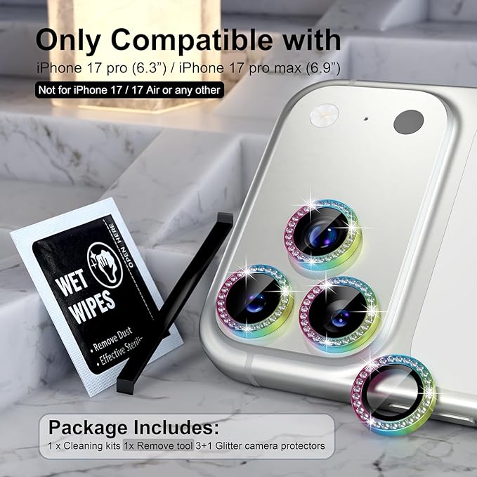Choiche Compatible for iPhone 17 Pro/iPhone 17 Pro Max Camera Lens Protector Bling, 9H Tempered Glass Camera Cover Screen Protector Metal Ring Decoration Accessories (Diamond-Colorful)