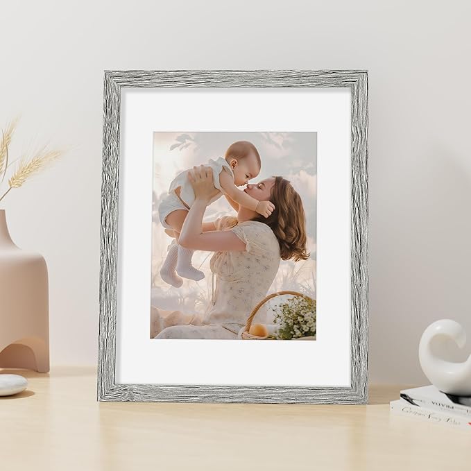 Vittanly 11x14 Picture Frame, Made of Solid Wood and Shatterproof Plexiglass, Display Pictures 8x10 with Mat or 8x10 without Mat, Wooden Photo Frame for Wall Mounting or Tabletop, Grey, 1 Pack