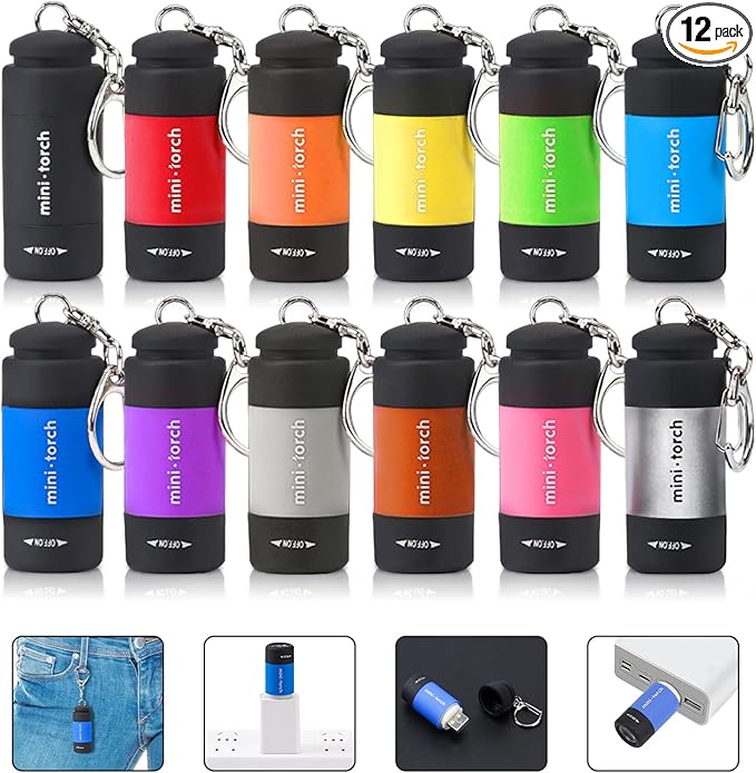12-Pack Small Keychain Flashlights, LED Pocket Keychain Light with White Light, Waterproof USB Rechargeable Mini Flashlights in Bulk for Kids and Adults Emergency, Camping, Night Reading