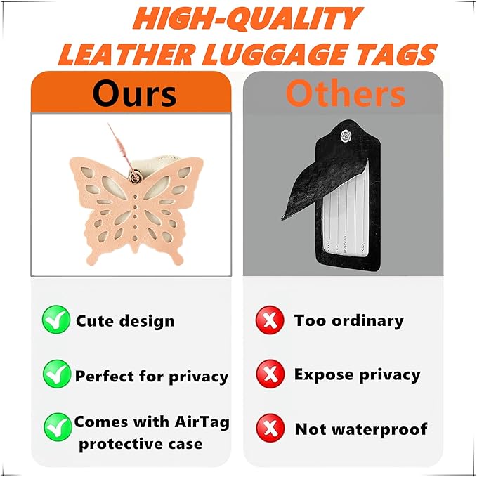 Cute Leather Luggage Tag Holder Case Compatible with AirTag,Hidden Compartment for Travel Suitcase Tracking Case with Stainless Steel Loop,Name ID Label(Butterfly B)