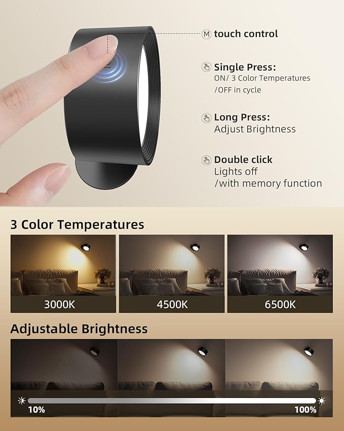 LED Wall Mounted Lights, Rechargeable Wall Sconces with Remote & Touch Control, 3 Color Temperatures 360° Rotation Dimmable Cordless Wall Light for Bedroom Study Reading Bedside (Black, 3 Pack)