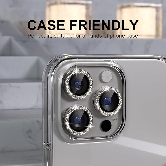 Choiche Compatible for iPhone 16 Pro/iPhone 16 Pro Max Camera Lens Protector Bling, 9H Tempered Glass Camera Cover Screen Protector Metal Ring Decoration Accessories(Glitter-Titanium Natural)