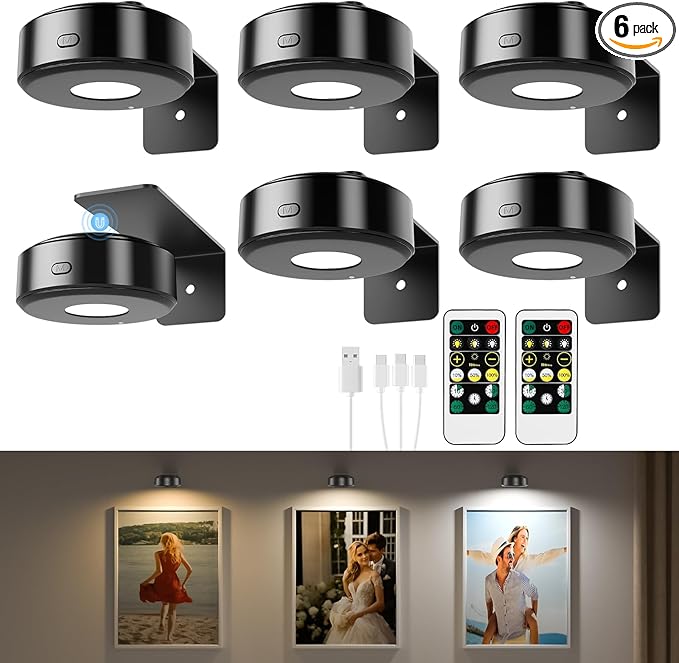 6PCS Picture Lights,3 Colors Paintings Light Rechargeable Battery Wall Light Dimmable and Timer Metal Art Light for Paintings,Display, Wall, Artwork, Gallery(Black)