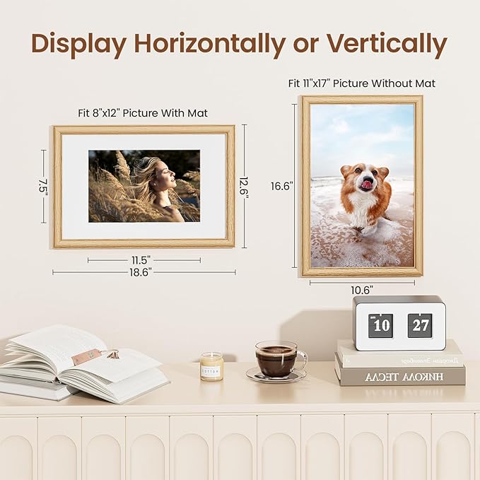 11x17 Picture Frame, Natural Solid Wooden Picture Frames with Tempered Glass, Display 8x12 with Mat or 11 x 17 Without, Vertical or Horizontal Wall Hanging Photo Frame, Natural Oak Color, 1 Pack