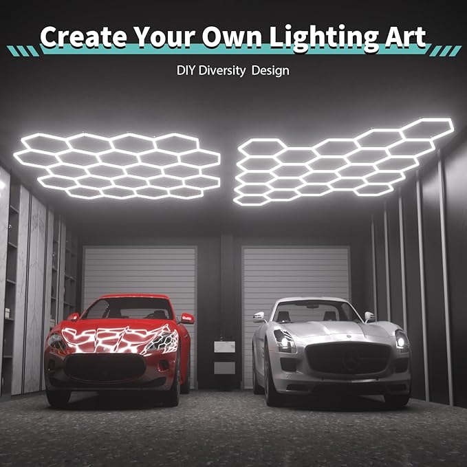 Hexagon Garage Lights: 581W 83 Pack 22 Grids LED Garage Lights - Easy Install 6500K Super Bright Honeycomb Light for Warehouse, Car Detailing Shop, Exhibition Hall, Gym