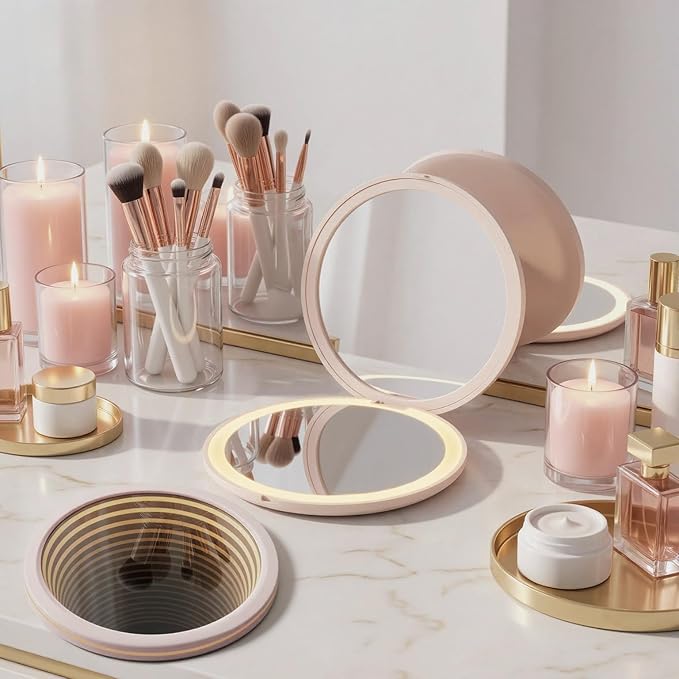 Infinity Travel Lighted Makeup Mirror, Abyss LED Compact Pocket Mirror with Light for Purse, Mini Small Light Up Mirror with 3 Color Lightling, Rechargeable, Handheld,Portable, Folding Pink