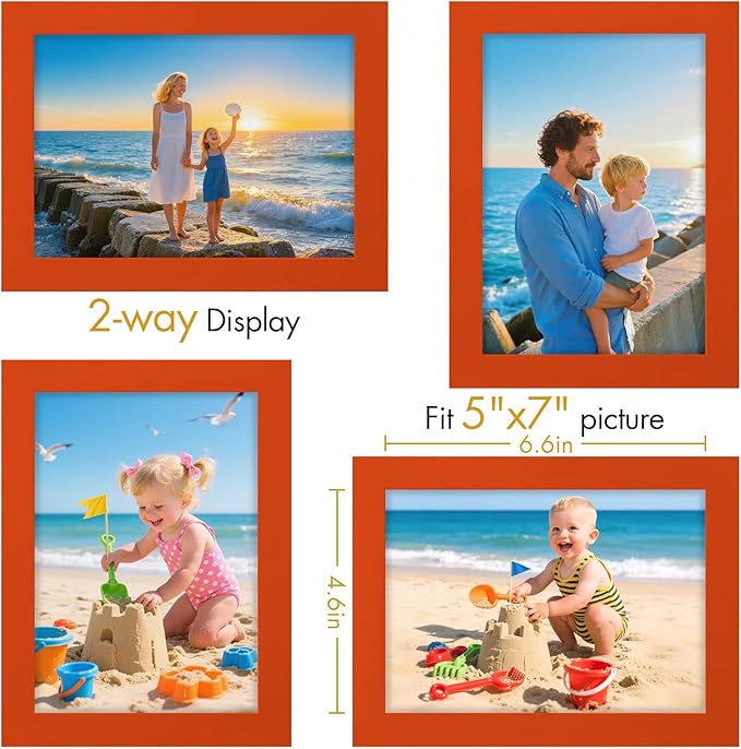 Vittanly 5x7 Picture Frame, Made of Solid Wood and Shatterproof Plexiglass, Wooden Photo Frame for Wall Mounting or Tabletop Display, Picture Frame for Home Decor with Stand, Orange, 1 Pack