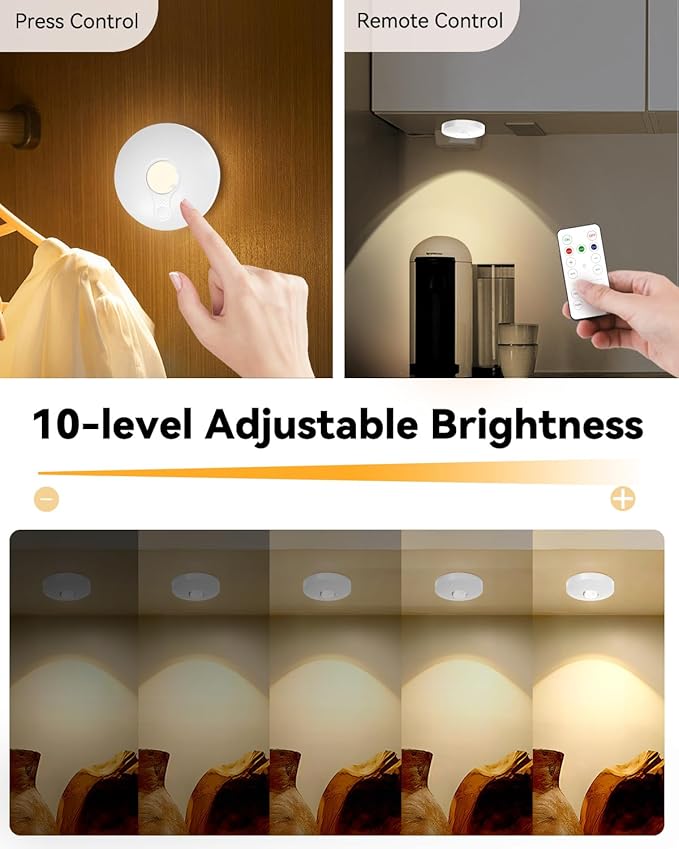 Rechargeable RGB Puck Lights with Remote Control, 1500mAh Battery Operated Push Lights, Dimmable & Timer Under Cabinet Lighting for Closet, Bedroom, Kitchen White 6Pcs