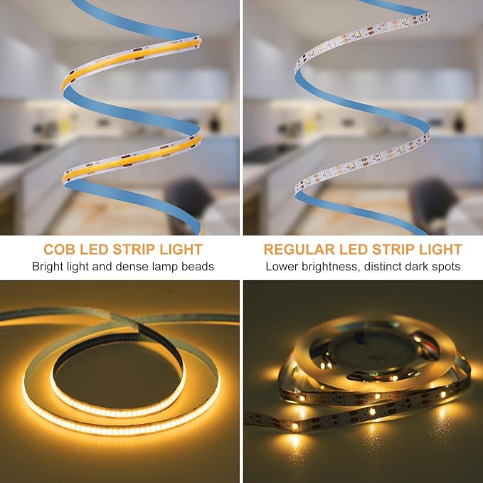 OMIKA COB LED Strip Lights, 2700K Warm White Battery Powered 640LED 6.56FT Strip Lights with Remote Timer Dimmable Flexible Cuttable Tape Lights for Cabinet Shelves Bedroom (2 Pack)