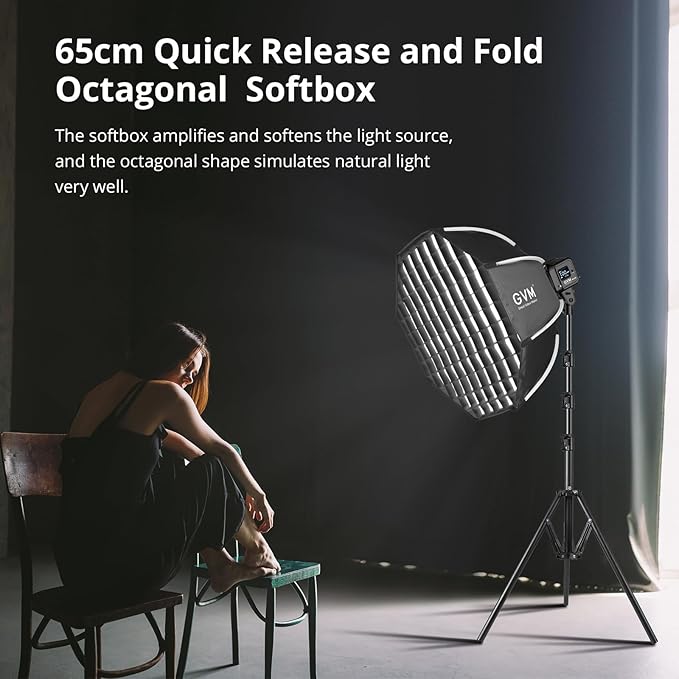 GVM 25.6inch/65cm Octagonal Softbox, Quick Release Bowens Mount Softbox with Diffusers/Honeycomb Grid/Carrying Bag, Light Dome Compatible with LED Video Light/Spotlight/Flash for Photography Studio