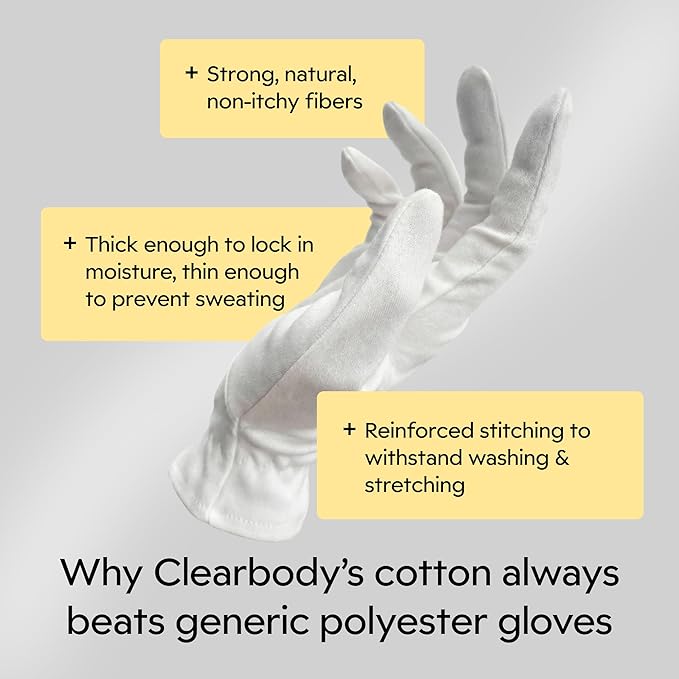 Clearbody Organics Organic Cotton Gloves - 5 Pairs, Large, White - Moisturizing Gloves for Dry Hands - Cotton Liners for Overnight Hydration