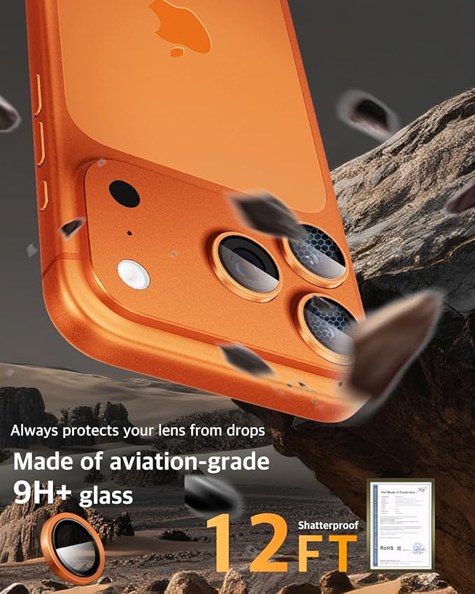 Compatible with iPhone 17 Pro Max/17 Pro Camera Lens Protector-1:1 Invisible Fit,Ultra Clarity,Military-Grade 10H+ Aerospace Glass,Anti-Scratch & Easy Installation-Cosmic Orange
