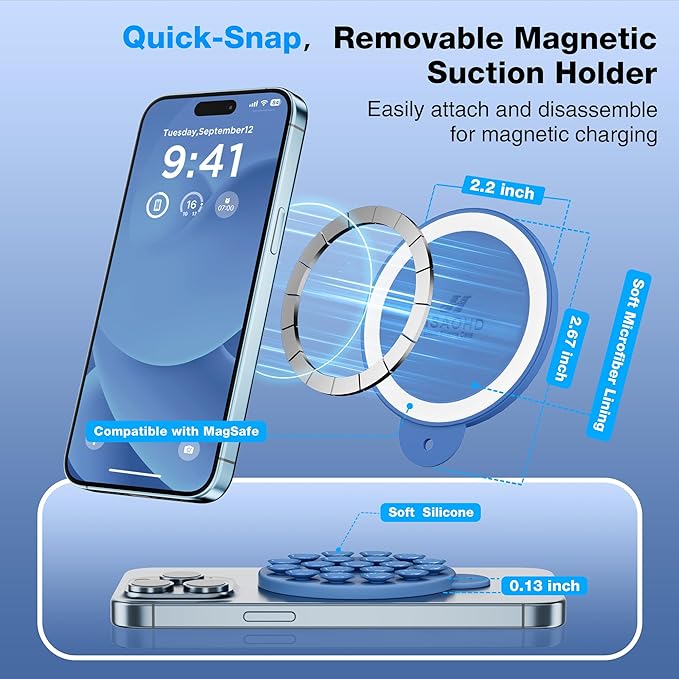 Magnetic Suction Cup Phone Mount, Compatible with MagSafe, Silicone Octo Cup Buddy Sticky Grip Holder for iPhone and Android, Removable Hands-Free Selfie/Video for TikTok, Azure Blue