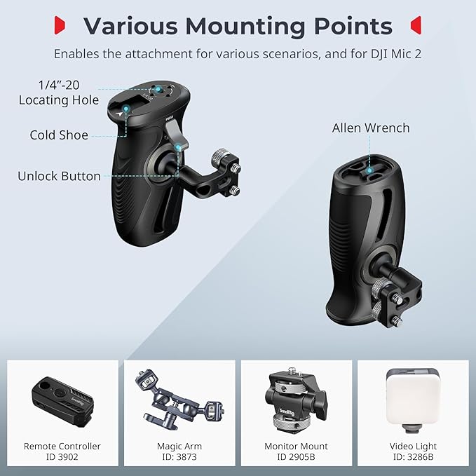 SMALLRIG Push-Button Rotating Side Handle with 1/4"-20 Screws, for Left and Right Hand, 360° Rotatable Side Handle with Anti-Slip Silicone, Max. Load 15Kg