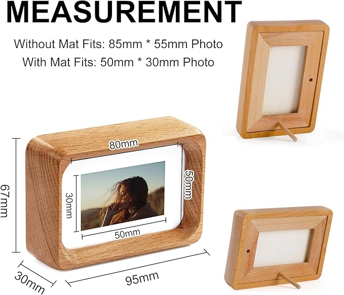 Kattepote 3 inch Wooden Mini Instant Photo Frames, with Mat for 1x2 inch Photos, Natural Beech Wood Mini 2 x 3 inch Tabletop Picture Frame Instant Camera Photo Frames (Beech)