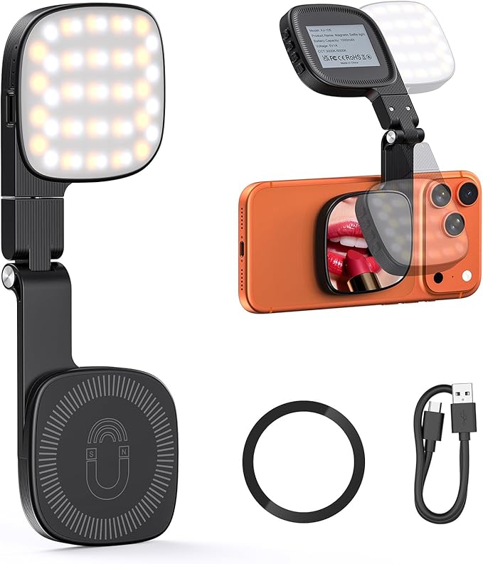 Magnetic Selfie Light with Mirror, 360° Adjustment, Portable Mini LED Phone Fill Lighting, Phone Mirror with Lights for Selfie, Makeup, Video Conference, TikTok (Black)