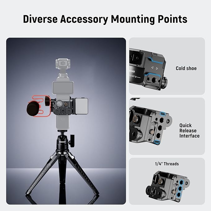 NEEWER Pocket 3 Cage & Action Camera Adapter Compatible with DJI Osmo Pocket 3 and Action 2 Magnetic Mount, Aluminum Alloy Rig with 1/4" Thread and Cold Shoe for Extension Accessories, AC009 Pro